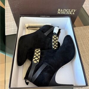 Badgley Mischka Black Suede Ankle Boots with Gold Stud Strap